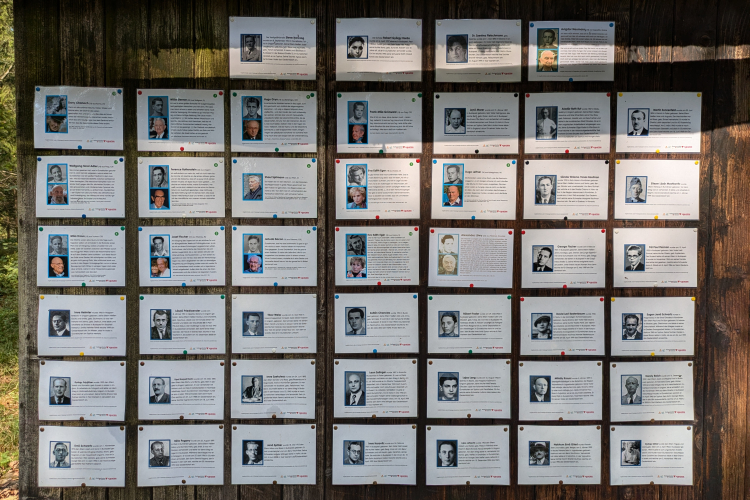 Gedenkwand im Freien mit zahlreichen laminierten Porträts und kurzen Biografien von Personen, die während des Nationalsozialismus Widerstand leisteten oder Opfer wurden. Die Tafeln sind in mehreren Reihen auf einer hölzernen Wand angebracht und zeigen sowohl historische Schwarzweißfotos als auch aktuelle Farbfotos, teilweise mit farbigen Reißzwecken befestigt. Die Gedenkwand steht in einem bewaldeten Gebiet.
