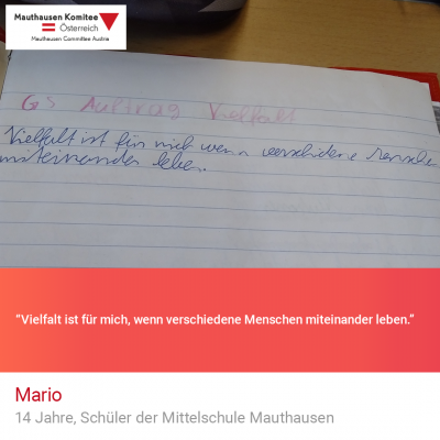 Virtuelle Gedenkwochen Statement Mario, 14 Jahre, Schüler der Mittelschule Mauthausen