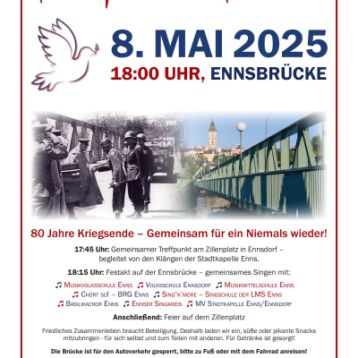 Einladungsplakat: Fest für den Frieden am 8. Mai auf der Ennsbrücke