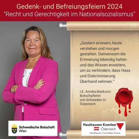 Virtuelles Gedenken Statement I.E. Annika Markovic, Botschafterin von Schweden in Österreich