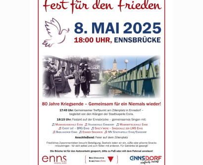 Einladungsplakat: Fest für den Frieden am 8. Mai auf der Ennsbrücke